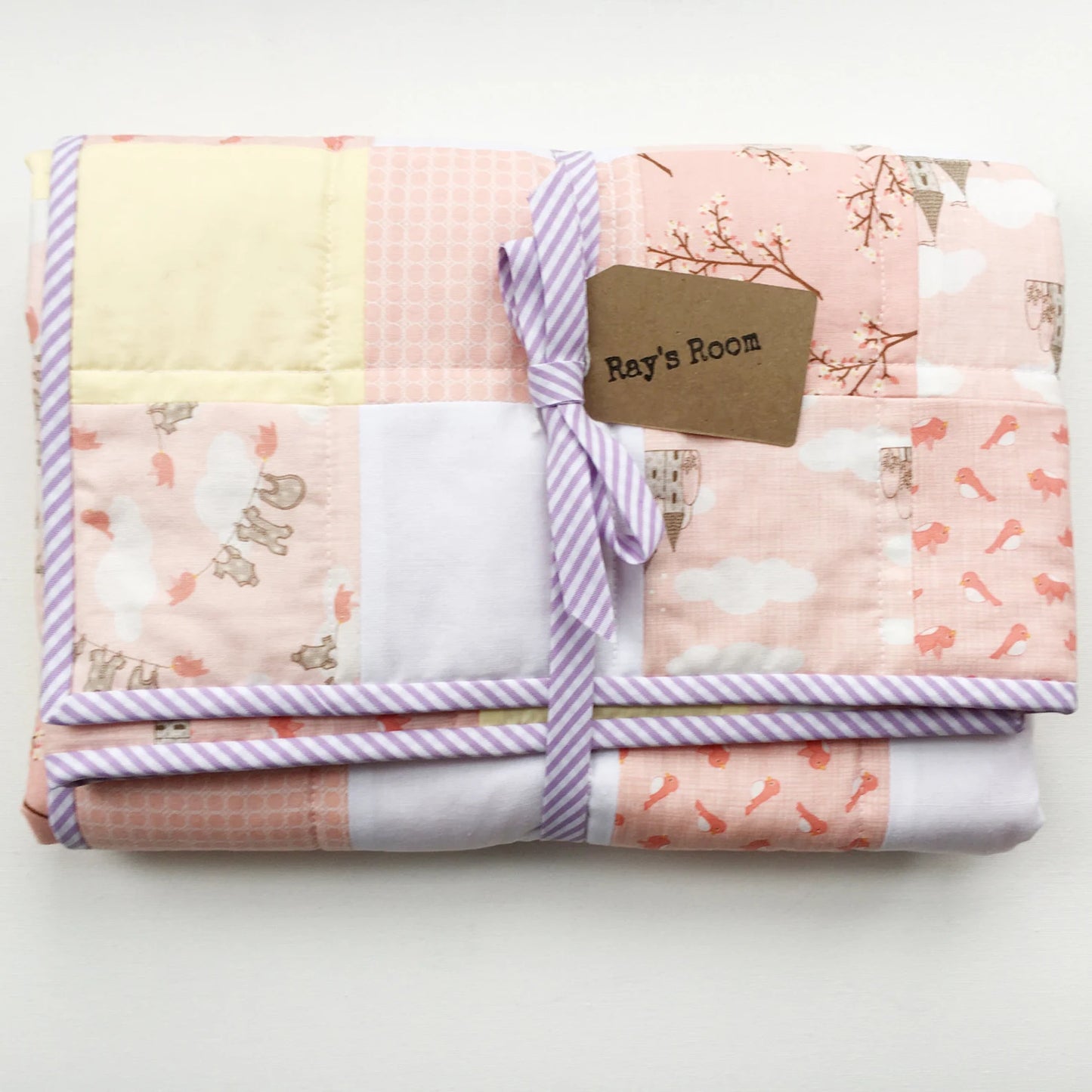 Patchwork Cot Bed Quilt - Peach Lemon and Lilac - Castles and Birds