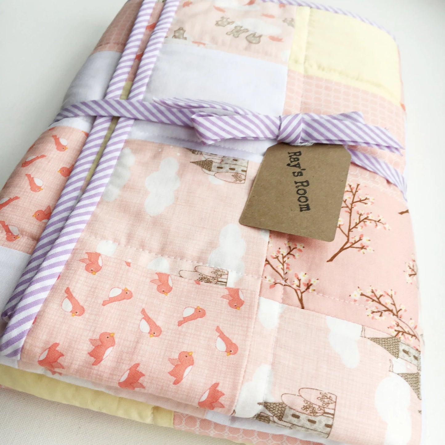 Patchwork Cot Bed Quilt - Peach Lemon and Lilac - Castles and Birds