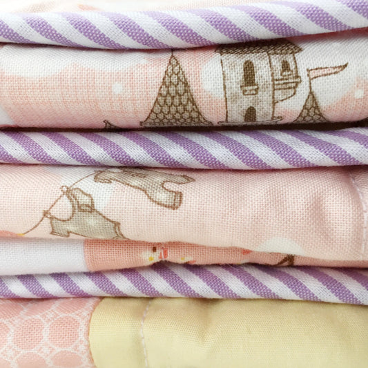 Patchwork Cot Bed Quilt - Peach Lemon and Lilac - Castles and Birds