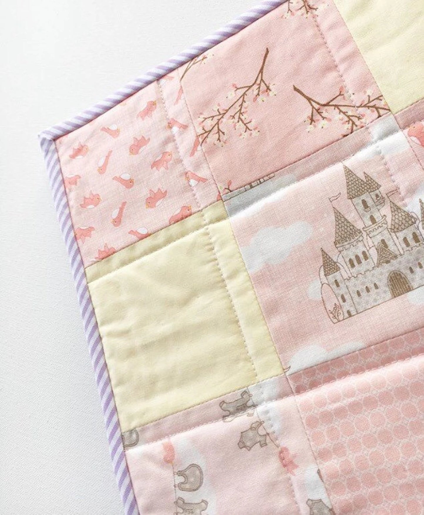 Patchwork Cot Bed Quilt - Peach Lemon and Lilac - Castles and Birds